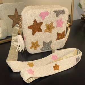 Beaded Star Purse in Ivory with Pink, Gold & Gray Stars